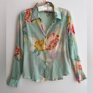 COTTON DAISY Lightweight Button Front Long Sleeve Shirt Pastel Tropical Floral